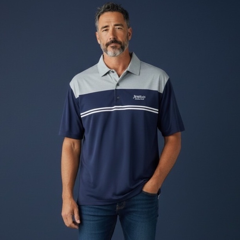 Footjoy FJ Mens Polo Shirt Navy Grey Stripe Golf Country Club Embroidered Size M